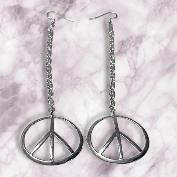 Hand Crafted Peace Earrings Duster Long Pierced Silver Chains Dangle - Picture 2 of 7